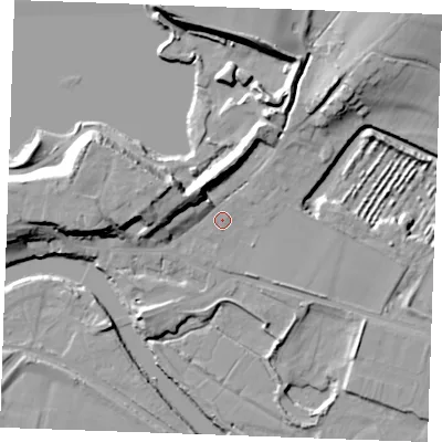 Shaded relief map of the ground around ME207PR, computed from Environment Agency LiDAR. The ground here sits at about 5 m above sea level and falls 17 m across the surrounding 800 m. Surface water reaching this point runs off ground lying to the north, 13.4 m higher.