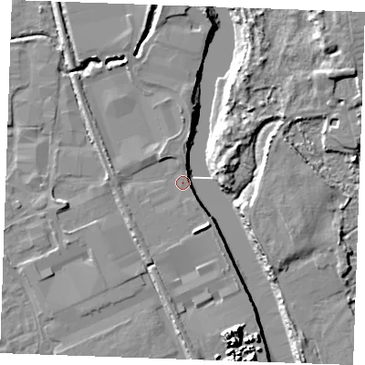 Shaded relief map of the ground around ME207PW, computed from Environment Agency LiDAR. The ground here sits at about 4 m above sea level and falls 15 m across the surrounding 800 m. Surface water reaching this point runs off ground lying to the south-south-east, 13.8 m higher.