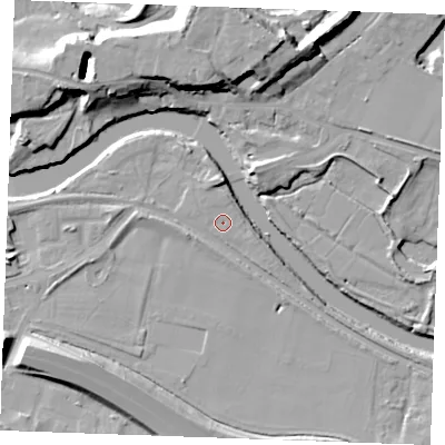 Shaded relief map of the ground around ME207QN, computed from Environment Agency LiDAR. The ground here sits at about 5 m above sea level and falls 17 m across the surrounding 800 m. Surface water reaching this point runs off ground lying to the south, 0.6 m higher.