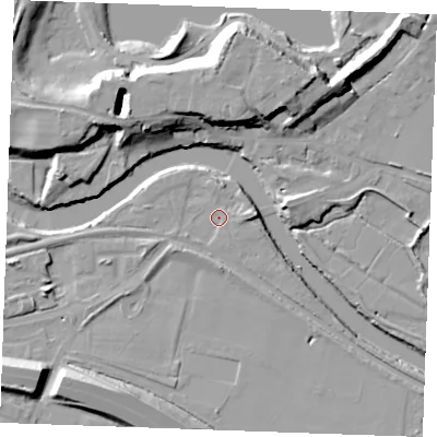 Shaded relief map of the ground around ME207QR, computed from Environment Agency LiDAR. The ground here sits at about 4 m above sea level and falls 17 m across the surrounding 800 m. Surface water reaching this point runs off ground lying to the east, 3.3 m higher.