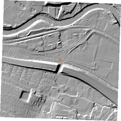 Shaded relief map of the ground around ME207QS, computed from Environment Agency LiDAR. The ground here sits at about 5 m above sea level and falls 19 m across the surrounding 800 m. Surface water reaching this point runs off ground lying to the south, 14.5 m higher.