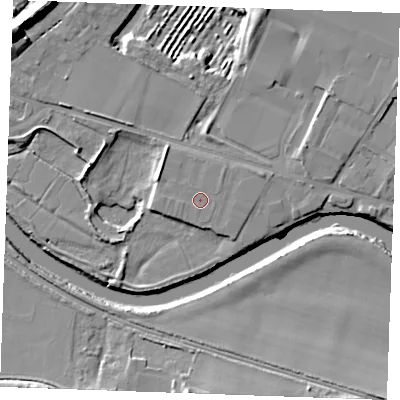 Shaded relief map of the ground around ME207SP, computed from Environment Agency LiDAR. The ground here sits at about 6 m above sea level and falls 14 m across the surrounding 800 m. The ground contributing surface water to this point lies to the west.