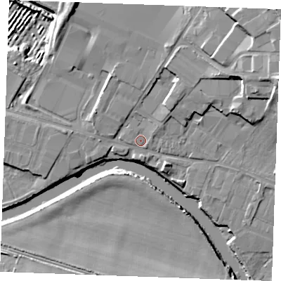 Shaded relief map of the ground around ME207ST, computed from Environment Agency LiDAR. The ground here sits at about 6 m above sea level and falls 18 m across the surrounding 800 m. Surface water reaching this point runs off ground lying to the east-north-east, 11.3 m higher.