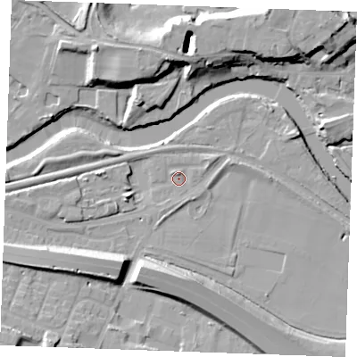 Shaded relief map of the ground around ME207UF, computed from Environment Agency LiDAR. The ground here sits at about 5 m above sea level and falls 17 m across the surrounding 800 m. Surface water reaching this point runs off ground lying to the south-west, 12.4 m higher.