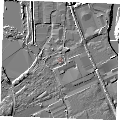 Shaded relief map of the ground around ME207UH, computed from Environment Agency LiDAR. The ground here sits at about 4 m above sea level and falls 8 m across the surrounding 800 m. Surface water reaching this point runs off ground lying to the east-north-east, 1.0 m higher.