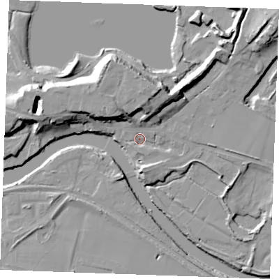 Shaded relief map of the ground around ME207UT, computed from Environment Agency LiDAR. The ground here sits at about 4 m above sea level and falls 17 m across the surrounding 800 m. Surface water reaching this point runs off ground lying to the north-north-east, 13.7 m higher.