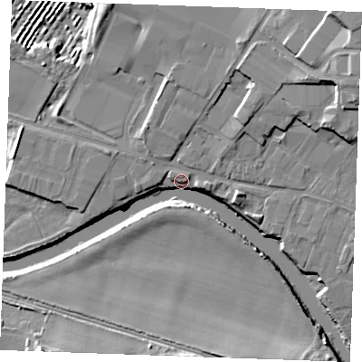 Shaded relief map of the ground around ME207UU, computed from Environment Agency LiDAR. The ground here sits at about 6 m above sea level and falls 15 m across the surrounding 800 m. Surface water reaching this point runs off ground lying to the south-south-east, 9.1 m higher.