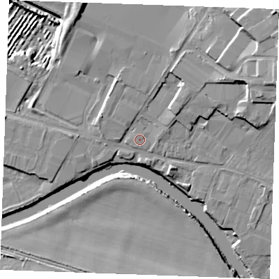 Shaded relief map of the ground around ME207UY, computed from Environment Agency LiDAR. The ground here sits at about 6 m above sea level and falls 18 m across the surrounding 800 m. Surface water reaching this point runs off ground lying to the north-east, 10.8 m higher.