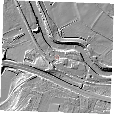 Shaded relief map of the ground around ME207UZ, computed from Environment Agency LiDAR. The ground here sits at about 5 m above sea level and falls 16 m across the surrounding 800 m. Surface water reaching this point runs off ground lying to the south-south-west, 6.8 m higher.