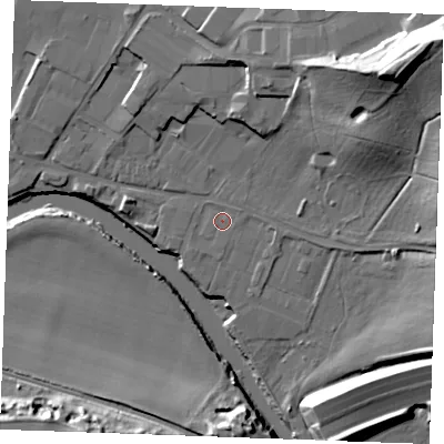 Shaded relief map of the ground around ME207XA, computed from Environment Agency LiDAR. The ground here sits at about 6 m above sea level and falls 32 m across the surrounding 800 m. Surface water reaching this point runs off ground lying to the north-east, 0.6 m higher.