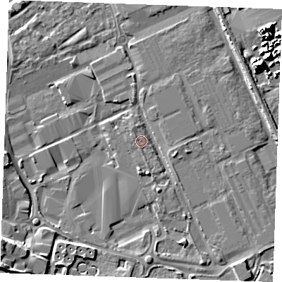 Shaded relief map of the ground around ME207XH, computed from Environment Agency LiDAR. The ground here sits at about 5 m above sea level and falls 16 m across the surrounding 800 m. Surface water reaching this point runs off ground lying to the south-east, 3.6 m higher.