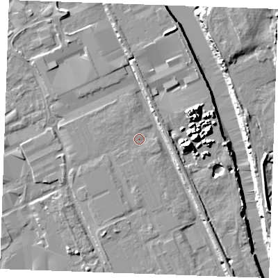 Shaded relief map of the ground around ME207XL, computed from Environment Agency LiDAR. The ground here sits at about 4 m above sea level and falls 15 m across the surrounding 800 m. Surface water reaching this point runs off ground lying to the south-south-west, 1.3 m higher.