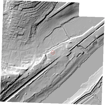 Shaded relief map of the ground around ME21AB, computed from Environment Agency LiDAR. The ground here sits at about 7 m above sea level and falls 44 m across the surrounding 800 m. Surface water reaching this point runs off ground lying to the south-south-west, 4.4 m higher.