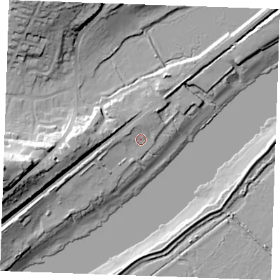 Shaded relief map of the ground around ME21AJ, computed from Environment Agency LiDAR. The ground here sits at about 4 m above sea level and falls 37 m across the surrounding 800 m. Surface water reaching this point runs off ground lying to the west-north-west, 3.2 m higher.