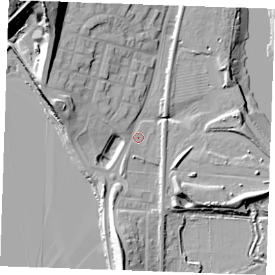 Shaded relief map of the ground around ME21AP, computed from Environment Agency LiDAR. The ground here sits at about 5 m above sea level and falls 48 m across the surrounding 800 m. Surface water reaching this point runs off ground lying to the north-west, 21.7 m higher.