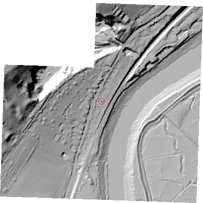 Shaded relief map of the ground around ME21AQ, computed from Environment Agency LiDAR. The ground here sits at about 12 m above sea level and falls 97 m across the surrounding 800 m. Surface water reaching this point runs off ground lying to the north-west, 23.4 m higher.