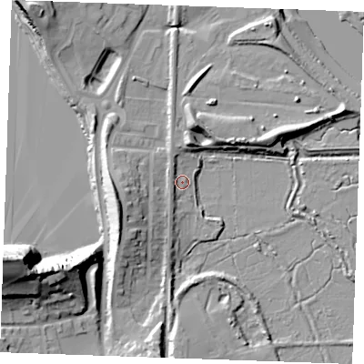 Shaded relief map of the ground around ME21AY, computed from Environment Agency LiDAR. The ground here sits at about 4 m above sea level and falls 41 m across the surrounding 800 m. Surface water reaching this point runs off ground lying to the south-west, 4.2 m higher.