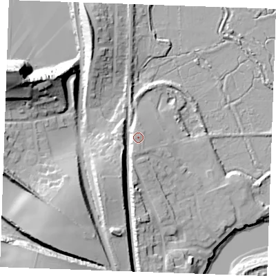 Shaded relief map of the ground around ME21DB, computed from Environment Agency LiDAR. The ground here sits at about 11 m above sea level and falls 40 m across the surrounding 800 m. Surface water reaching this point runs off ground lying to the south, 2.2 m higher.