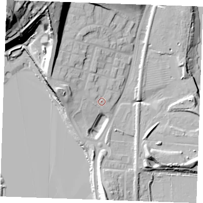 Shaded relief map of the ground around ME21FG, computed from Environment Agency LiDAR. The ground here sits at about 8 m above sea level and falls 65 m across the surrounding 800 m. Surface water reaching this point runs off ground lying to the north-west, 16.3 m higher.