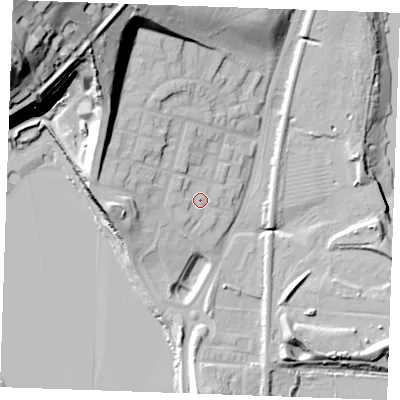 Shaded relief map of the ground around ME21FJ, computed from Environment Agency LiDAR. The ground here sits at about 8 m above sea level and falls 64 m across the surrounding 800 m. Surface water reaching this point runs off ground lying to the west-north-west, 3.0 m higher.