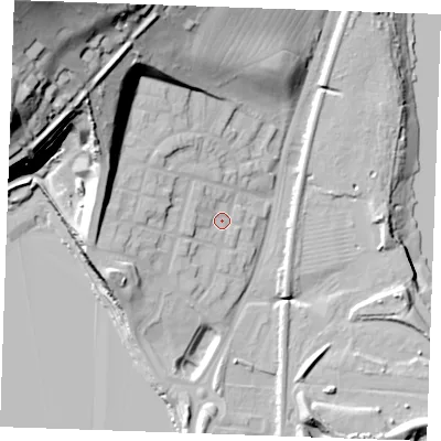 Shaded relief map of the ground around ME21FL, computed from Environment Agency LiDAR. The ground here sits at about 8 m above sea level and falls 69 m across the surrounding 800 m. Surface water reaching this point runs off ground lying to the west-north-west, 3.7 m higher.