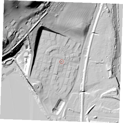 Shaded relief map of the ground around ME21FR, computed from Environment Agency LiDAR. The ground here sits at about 10 m above sea level and falls 82 m across the surrounding 800 m. Surface water reaching this point runs off ground lying to the west-north-west, 3.6 m higher.