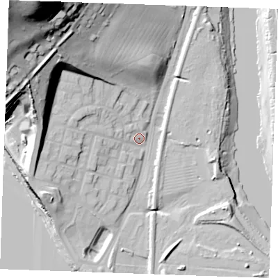 Shaded relief map of the ground around ME21FS, computed from Environment Agency LiDAR. The ground here sits at about 6 m above sea level and falls 78 m across the surrounding 800 m. Surface water reaching this point runs off ground lying to the west-north-west, 29.0 m higher.