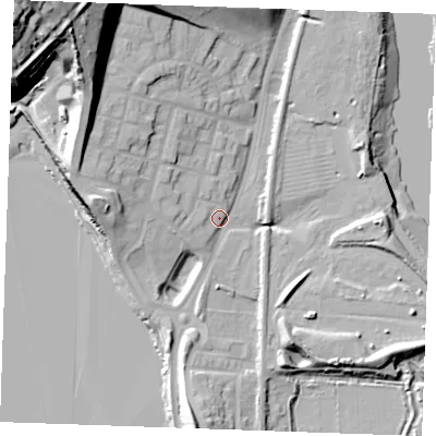 Shaded relief map of the ground around ME21GD, computed from Environment Agency LiDAR. The ground here sits at about 7 m above sea level and falls 55 m across the surrounding 800 m. Surface water reaching this point runs off ground lying to the north-west, 4.7 m higher.