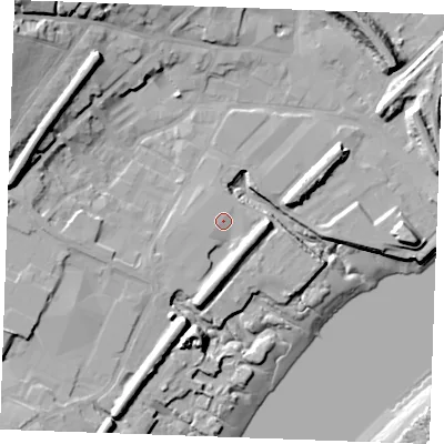 Shaded relief map of the ground around ME22AA, computed from Environment Agency LiDAR. The ground here sits at about 5 m above sea level and falls 26 m across the surrounding 800 m. Surface water reaching this point runs off ground lying to the north-east, 0.9 m higher.