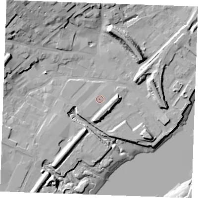 Shaded relief map of the ground around ME22AB, computed from Environment Agency LiDAR. The ground here sits at about 5 m above sea level and falls 25 m across the surrounding 800 m. The ground contributing surface water to this point lies to the west-north-west.