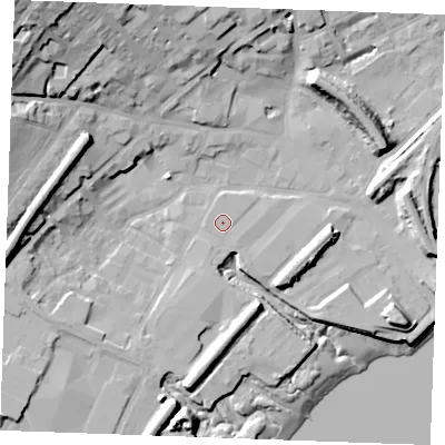 Shaded relief map of the ground around ME22AD, computed from Environment Agency LiDAR. The ground here sits at about 5 m above sea level and falls 35 m across the surrounding 800 m. Surface water reaching this point runs off ground lying to the south-south-west, 0.7 m higher.