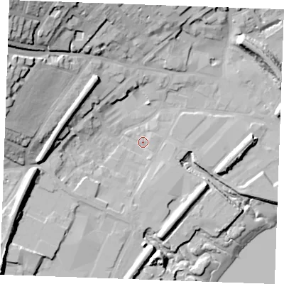 Shaded relief map of the ground around ME22AE, computed from Environment Agency LiDAR. The ground here sits at about 4 m above sea level and falls 40 m across the surrounding 800 m. Surface water reaching this point runs off ground lying to the west-south-west, 5.1 m higher.