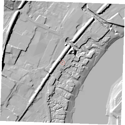 Shaded relief map of the ground around ME22AG, computed from Environment Agency LiDAR. The ground here sits at about 4 m above sea level and falls 25 m across the surrounding 800 m. Surface water reaching this point runs off ground lying to the north-east, 6.6 m higher.
