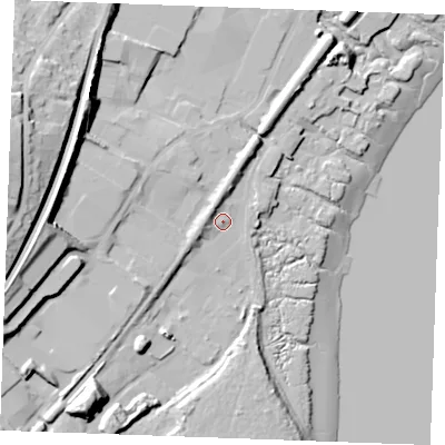 Shaded relief map of the ground around ME22AH, computed from Environment Agency LiDAR. The ground here sits at about 6 m above sea level and falls 36 m across the surrounding 800 m. Surface water reaching this point runs off ground lying to the south-west, 4.4 m higher.