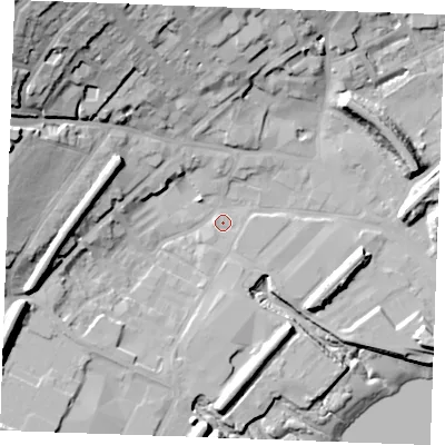 Shaded relief map of the ground around ME22AQ, computed from Environment Agency LiDAR. The ground here sits at about 4 m above sea level and falls 41 m across the surrounding 800 m. Surface water reaching this point runs off ground lying to the north-west, 33.2 m higher.