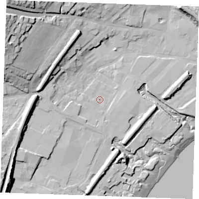 Shaded relief map of the ground around ME22AU, computed from Environment Agency LiDAR. The ground here sits at about 4 m above sea level and falls 38 m across the surrounding 800 m. Surface water reaching this point runs off ground lying to the west, 4.8 m higher.