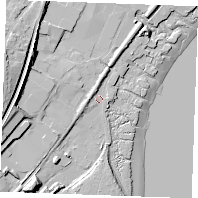 Shaded relief map of the ground around ME22BA, computed from Environment Agency LiDAR. The ground here sits at about 5 m above sea level and falls 33 m across the surrounding 800 m. Surface water reaching this point runs off ground lying to the south-west, 4.4 m higher.