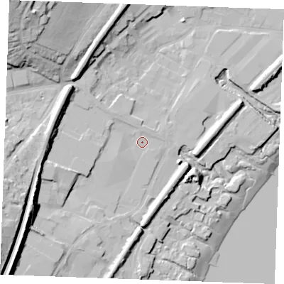 Shaded relief map of the ground around ME22BD, computed from Environment Agency LiDAR. The ground here sits at about 5 m above sea level and falls 38 m across the surrounding 800 m. Surface water reaching this point runs off ground lying to the south-west, 22.9 m higher.