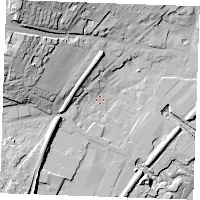 Shaded relief map of the ground around ME22BH, computed from Environment Agency LiDAR. The ground here sits at about 4 m above sea level and falls 46 m across the surrounding 800 m. Surface water reaching this point runs off ground lying to the west-north-west, 32.0 m higher.
