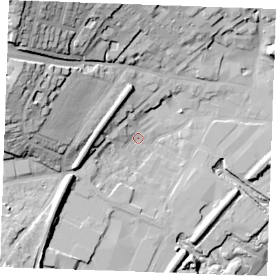 Shaded relief map of the ground around ME22BJ, computed from Environment Agency LiDAR. The ground here sits at about 4 m above sea level and falls 50 m across the surrounding 800 m. Surface water reaching this point runs off ground lying to the west-north-west, 32.1 m higher.