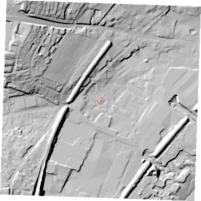 Shaded relief map of the ground around ME22BQ, computed from Environment Agency LiDAR. The ground here sits at about 5 m above sea level and falls 44 m across the surrounding 800 m. Surface water reaching this point runs off ground lying to the west-north-west, 32.2 m higher.