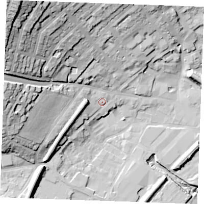 Shaded relief map of the ground around ME22BT, computed from Environment Agency LiDAR. The ground here sits at about 9 m above sea level and falls 60 m across the surrounding 800 m. Surface water reaching this point runs off ground lying to the west, 7.5 m higher.