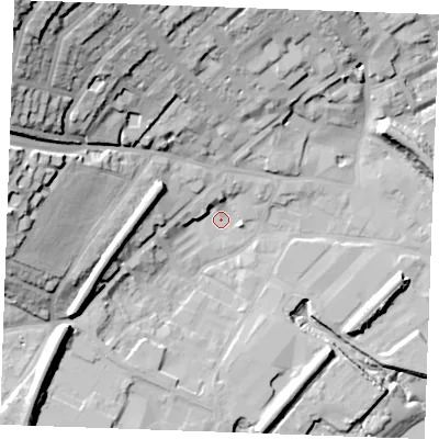 Shaded relief map of the ground around ME22DE, computed from Environment Agency LiDAR. The ground here sits at about 4 m above sea level and falls 52 m across the surrounding 800 m. Surface water reaching this point runs off ground lying to the west, 25.5 m higher.