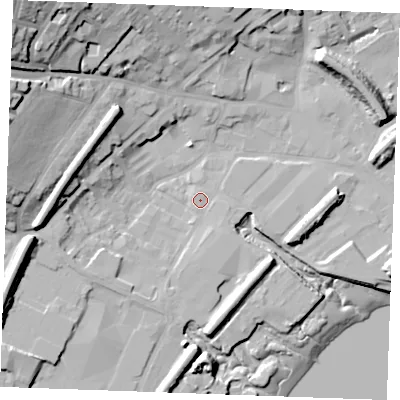 Shaded relief map of the ground around ME22DZ, computed from Environment Agency LiDAR. The ground here sits at about 4 m above sea level and falls 37 m across the surrounding 800 m. Surface water reaching this point runs off ground lying to the west-south-west, 4.9 m higher.