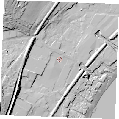 Shaded relief map of the ground around ME22EG, computed from Environment Agency LiDAR. The ground here sits at about 5 m above sea level and falls 39 m across the surrounding 800 m. Surface water reaching this point runs off ground lying to the south-west, 25.6 m higher.