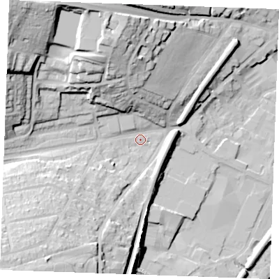 Shaded relief map of the ground around ME22EP, computed from Environment Agency LiDAR. The ground here sits at about 11 m above sea level and falls 44 m across the surrounding 800 m. Surface water reaching this point runs off ground lying to the north-west, 36.0 m higher.