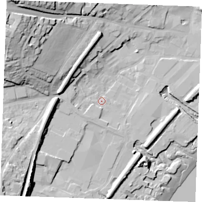 Shaded relief map of the ground around ME22JD, computed from Environment Agency LiDAR. The ground here sits at about 4 m above sea level and falls 42 m across the surrounding 800 m. Surface water reaching this point runs off ground lying to the west-south-west, 5.1 m higher.