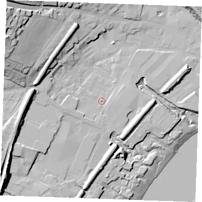 Shaded relief map of the ground around ME22JH, computed from Environment Agency LiDAR. The ground here sits at about 4 m above sea level and falls 34 m across the surrounding 800 m. Surface water reaching this point runs off ground lying to the west, 3.8 m higher.