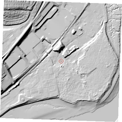 Shaded relief map of the ground around ME22WB, computed from Environment Agency LiDAR. The ground here sits at about 5 m above sea level and falls 48 m across the surrounding 800 m. Surface water reaching this point runs off ground lying to the west, 26.4 m higher.