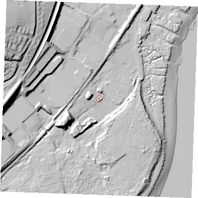 Shaded relief map of the ground around ME22WD, computed from Environment Agency LiDAR. The ground here sits at about 6 m above sea level and falls 43 m across the surrounding 800 m. Surface water reaching this point runs off ground lying to the west, 19.2 m higher.
